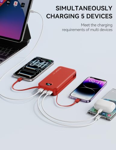 Nusyddy Portable Charger 20000mAh Fast Charging w/Built-in Wall Plug Red | PD20W Fast Charging, High Capacity, LED Display, Charge 5 Devices at once, TSA Approved, Compatible with iPhone/Samsung - color: Ruby