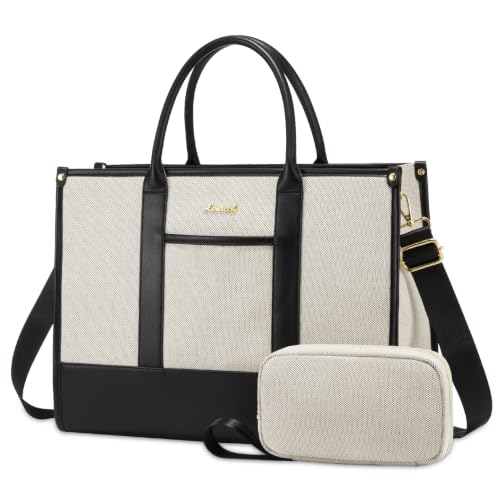 LOVEVOOK Laptop Bags for Women, 15.6 inch Waterproof Work Tote Bag with Clutch, Professional Teacher Computer Purse Lightweight Shoulder Bag Travel - color: White Canvas Black-solid, size: 15.6 inch