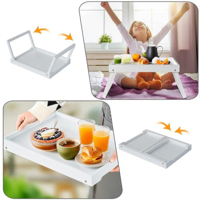 RRX Bamboo Bed Tray Table with Folding Legs, Breakfast Tray, 2 Pack (White) | Bed Trays for Folding Table Eating, Kitchen Serving, Food, Sofa, Snacking or Working, Laptop Desk Dinner, Snack Tray - color: White