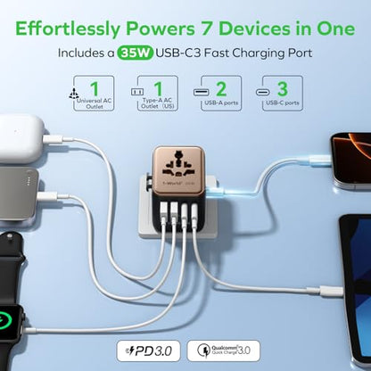 MOMAX Universal Travel Adapter 7-in-1, All-in-one European Travel Plug Adapter with 3 USB-C PD & 2 USB-A QC & 2AC, International Power Adapter Outlet for Travel UK/EU/AUS/JP, Travel Essentials(Gold) - color: Gold, size: 35W