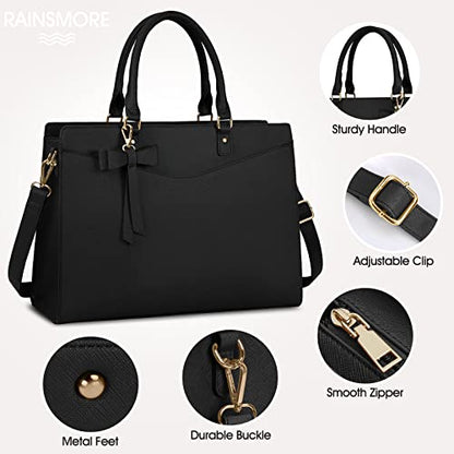 RAINSMORE Laptop Bag for Women 15.6 Inch PU Tote Bag Business Office Work Bag Waterproof Briefcase Computer Tote Lightweight Handbag Shoulder, Black - color: Black
