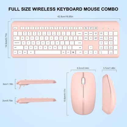 Wireless Keyboard and Mouse Combo, Full-Size Silent Ergonomic Keyboard and Optical Mouse, Long Battery Life, 2.4G Lag-Free Mice Keyboard for Computer, Mac, Laptop, PC, Windows(White Pink) - color: White Pink