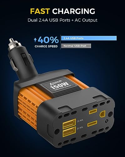 150W Car Power Inverter, 12V DC to 120V AC, Cigarette Lighter Plug | 300W Surge Peak, 1 AC Outlet, Dual USB 4.8A, 11 Protections, Compact, for Laptop Phone Car Vehicle - color: 150W Car Inverter
