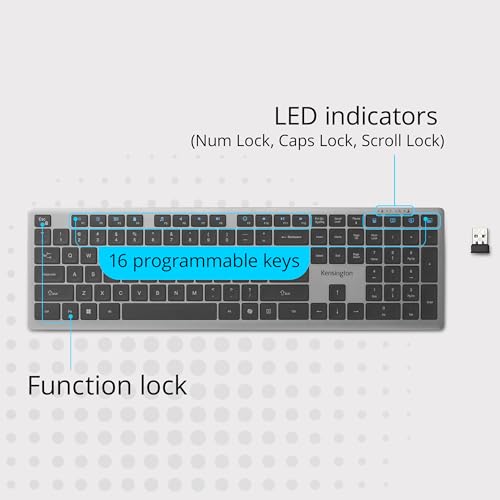Kensington KB535 Wireless Keyboard, Bluetooth & 2.4GHz Connection, Full-Size Layout, Quiet Scissor-Switch Keys, Programmable, Copilot Hotkey, Compatible with Windows, Black (K75408NA) - size: Full size, style: Wireless