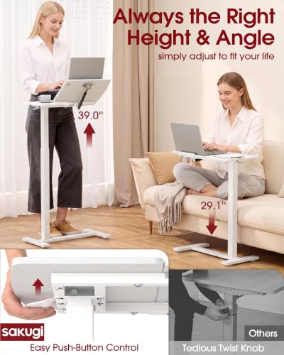 Sakugi Overbed Bedside Table with Wheels, Right-Side Tilt Top, Laptop Desk | Home & Office, Hospital Bed Table, Rolling Bed Tray, Height Adjustable, White,12.9" D × 27.6" W × 29.1"–39" H - color: White