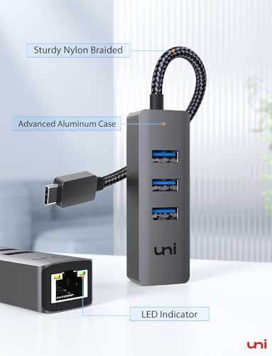 uni USB-C to Ethernet Adapter, USB C HUB Ethernet 1Gbps with USB 3.0 4IN1 | [Thunderbolt 4/3 Compatible], USB C to Network Adapter, for MacBook Pro/Air, iPad Pro, Surface Laptop, Chromebook, etc - color: Grey