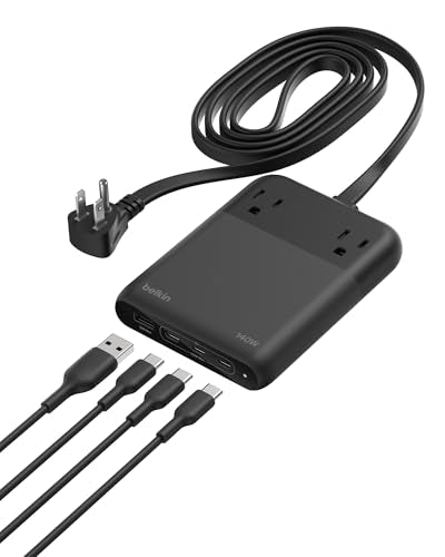 Belkin Charging Station Power Strip 3 USB-C Charger 2 AC 1 USB-A 140W GaN | GaN technology, compact charging station, iPhone, Apple Watch, iPad, MacBook, Chromebook, Galaxy, Pixel - style: 140W, 2 AC Outlet