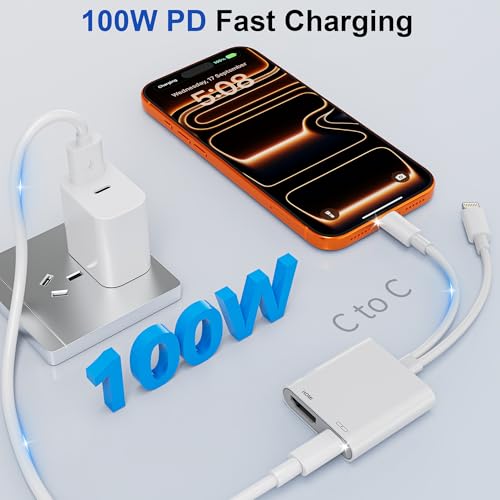USB-C and Lightning to HDMI Adapter for iPhone to TV, 4K@60Hz MFi Certified Lightning to Digital AV Adapter with 100W Charging Port for iPhone 17/16/15/iPad/MacBook to TV/Monitor/Projector