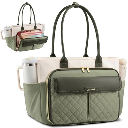 LOVEVOOK Teacher Tote Bag for Women, Laptop Bag Briefcase with Accordion File Pocket, Nurse Handbag for Work, Travel, College | 40oz Cup Holder - color: Light Green-beige-olive Green, size: 15.6 Inch