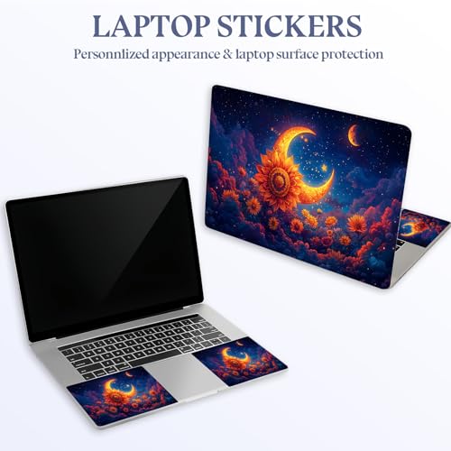 Universal Laptop Skin Sticker Decal,15.6 Inch Laptop Vinyl Cover for 13" 14" 15.6" Laptop,Scratch-Resistant Waterproof Protector Wrap,Reusable with Wrist Pads,Sunflower Crescent Moon Night - color: Sunflower Crescent Moon Night