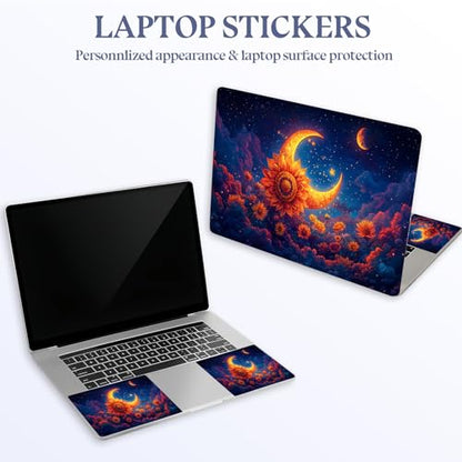 Universal Laptop Skin Sticker Decal,15.6 Inch Laptop Vinyl Cover for 13" 14" 15.6" Laptop,Scratch-Resistant Waterproof Protector Wrap,Reusable with Wrist Pads,Sunflower Crescent Moon Night - color: Sunflower Crescent Moon Night