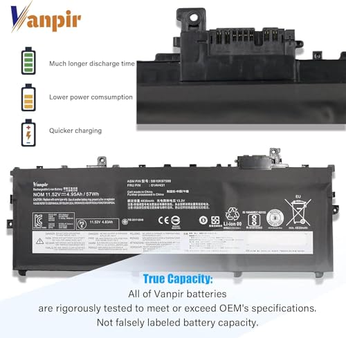 01AV431 Laptop Battery 11.52V 57Wh 4950mAh Replacement for Lenovo ThinkPad X1 Carbon 5th Gen/X1 Carbon 6th Gen Series Notebook 01AV430 SB10K97587 SB10K97588 01AV494 01AV429 SB10K97586 - size: 11.05*4.32*0.23 inch 01AV431