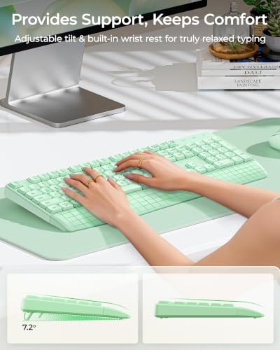 seenda Wireless Bluetooth Ergonomic Keyboard Mouse Combo, Full Size, Green | USB/Bluetooth multi-device switching, with wrist rest, number pad, and quiet operation for PC, laptop, Mac, MacBook, and iPad - color: Green