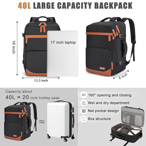 40L Travel Backpack, Flight Approved Carry On Laptop Backpack | Water-resistant, Personal Item Travel Bag, Fits 15.6/17.3 inch Laptop, Hiking, Camping, Business, Commute, Men & Women - color: Black, size: Large