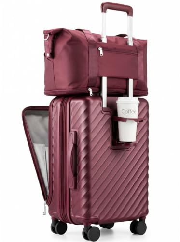 Carry On Luggage with Front Compartment and Cup Holder, KVF Expandable PC Hard Shell Suitcase with Front Pocket (FX-Plus, Ruby Red, 2-Piece (20/Tote)) - color: Ruby Red