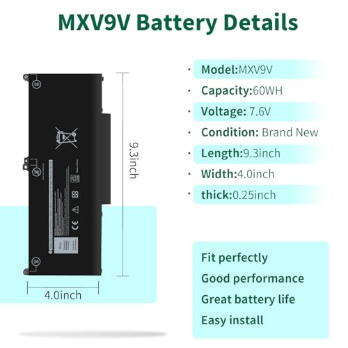 MXV9V Battery for Dell Latitude 5300 5310 7300 7400 E5300 E5310 E7300 E7400 Series, Latitude 5300 5310 2-in-1,for dell inspiron 7300/7306 2-in-1 Black Series P96G P97G P99G P100G 5VC2M 829MX 7.6V 60Wh - size: 9.3*4*0.25inch