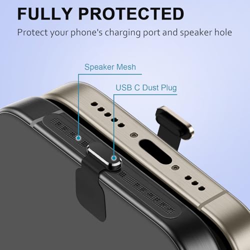 USB C Dust Plug with Speaker Dust Cover for iPhone 15/16 Pro,Plus,Pro Max | 6 Pack USB C Plug Cover, Anti-Lost USB C Charging Port Protector Cover