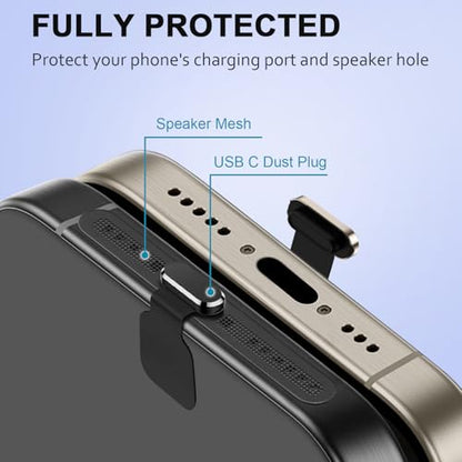 USB C Dust Plug with Speaker Dust Cover for iPhone 15/16 Pro,Plus,Pro Max | 6 Pack USB C Plug Cover, Anti-Lost USB C Charging Port Protector Cover