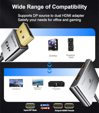 DisplayPort to Dual HDMI Adapter (4K@60Hz) DP to HDMI Splitter for Dual Monitors Extended Display MST Display Port 1 in 2 Out Hub for PC, Graphics Card
