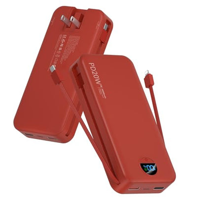 citicr Portable Charger 20000mAh PD20W w/Built-in Cables & Wall Plug Red | High capacity, Fast charging, Built-in wall plug, LED display, Charge 5 devices at once, Pass through charging, TSA approved - color: Red-20000mah