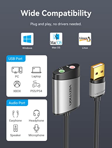 USB Audio Adapter - VENTION USB External Stereo Sound Card to 3.5mm Headphone and Microphone Jack Adapter for Windows MAC Linux PC Laptop Desktops PS5