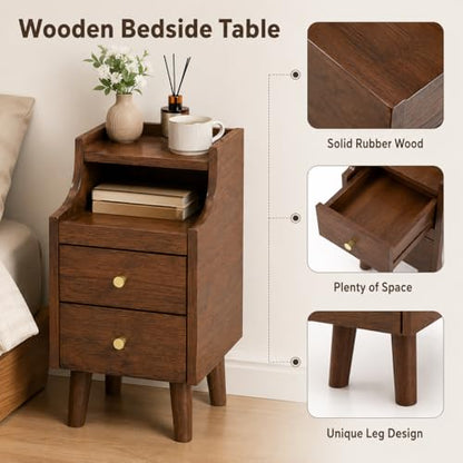 POWERSTONE Narrow Nightstand with 2 Drawers Set of 2, Solid Wood Bedside Table with Pull Out Tray & Cable Hole & Slots, Slim End Side Table for Small Spaces Bedroom, Living Room, Brown - color: Brown