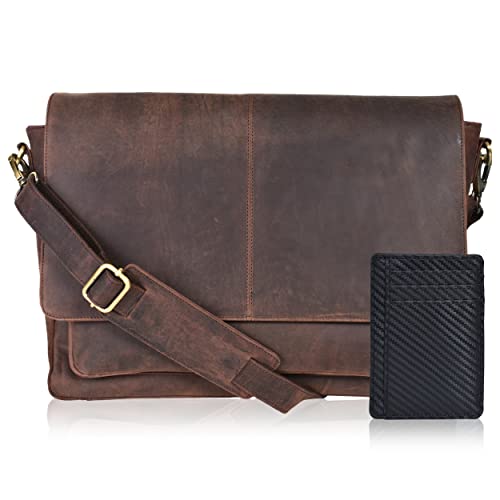 Oak Leathers Leather Messenger Bag for Men and Women - Laptop Briefcase Bag For College, Office, Adjustable Shoulder Strap - color: Walnut With Minimalist