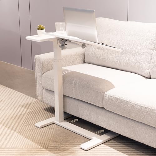 Adjustable Overbed Bedside Table with Hidden Wheels, Pneumatic Tilt Board Rolling Laptop Standing Desk Cart, Mobile Over Bed Sofa Chair Side End Tables, Walnut (White) - color: White