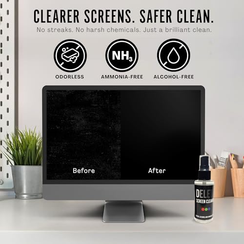 Delete Screen Cleaner Spray Kit 4 Pack 2oz Bottle, 12"x12" Microfiber Cloth | Streak-Free, Safe and Gentle Cleaning Formula, Multi-Purpose for Travel, Small TVs, Cameras, Laptops, Phones, Made in USA - style: 4 Pack, 2oz