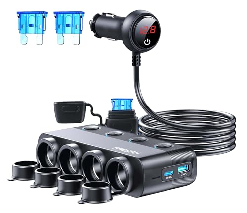 Cigarette Lighter Splitter 216W 4 Socket USB C Car Adapter for Truck SUV | 216W PD30W/QC3.0 USB-C fast charge. 4 sockets. 12V/24V heavy-duty. Switches, dust cover & waterproof for trucks/cars.