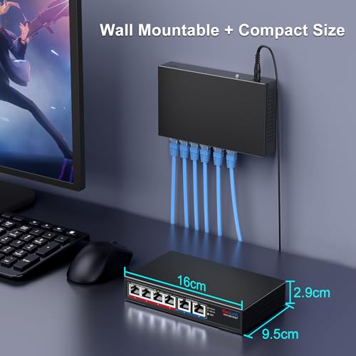 10Gb Ethernet Switch with 4 x 2.5GbE + 2 x 10GbE RJ45 Ports, VunLink 6 Port 10G/2.5G Multi-Gigabit Unmanaged Network Switch, Plug and Play, Fanless, Desktop/Wall-Mount, for Wireless AP, NAS, PC, Home