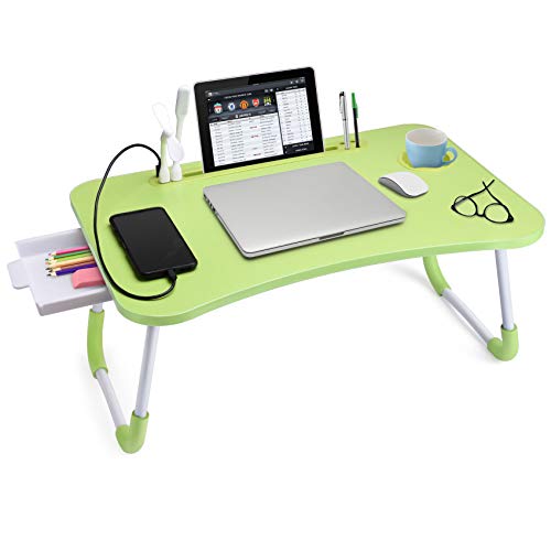 Slendor Bed Desk for Laptop and Writing with Storage, Cup Holder, Light | Fan, Pen Holder,Tablet Holder,Foldable, for Bed, Couch, Floor, Portable,Green - color: Green