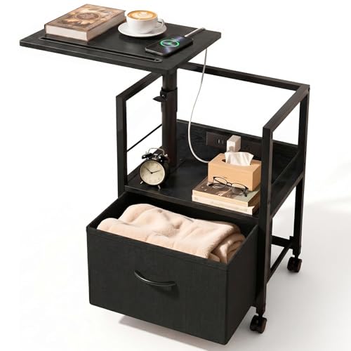 Faesun Swivel Lift Top Nightstand with Charging Station, Rolling Side Table for Recliner, Bedside Table with Wheels & a Fabric Drawer, for Small Spaces, for Bedroom, Living Room, Black - color: 04 - Black, size: 1 Drawer