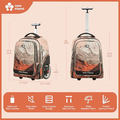 NEW TILAMI 20 Inch Rolling Backpack for School Stair-Climbing Big Wheel | Teen Boys Girls Carry-on Suitcase Large Organizer Compartment 15.6 Laptop Sleeve Adjustable Handle Roller Travel Bag College - color: Pcturesque Mountain