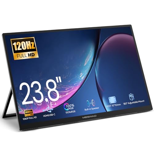 MESWAO 24 Inch Portable Monitor 120Hz FHD IPS Laptop Screen Extender, Large Travel Monitor with NO-Tipping 180° Stand & VESA, HDMI USB-C Second Screen for MacBook PC Home Office Gaming - size: 23.8