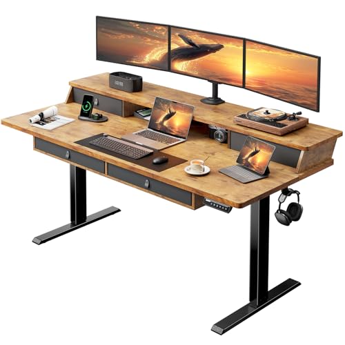 ErGear 63 X 30 Inch Electric Standing Desk with 4 Drawers, Height Adjustable Desk with Storage, C-Clamp Mount Compatible, Home Office Table with Cable Management Tray, Vintage Brown - color: Vintage Brown, size: 63 X 30 Inch