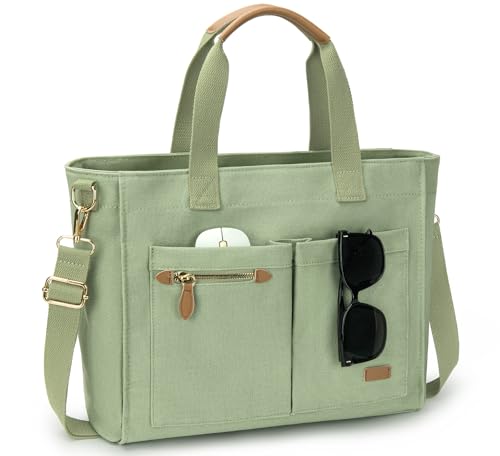 Tuwubi Canvas Tote Bag for Women, Large Tote Bag with Zipper & Compartments for Travel Work College Teacher Nurse - color: Muted Green