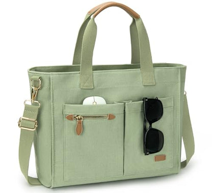 Tuwubi Canvas Tote Bag for Women, Large Tote Bag with Zipper & Compartments for Travel Work College Teacher Nurse - color: Muted Green