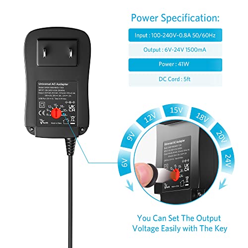 Belker 41W Universal 6V 9V 12V 15V 18V 20V 24V AC DC Adapter with 10 Tips | USB C Power Supply for Household Electronics Router Smart Phone Mp3 Tablets CCTV Cameras - 1.5A 1500mA Max - size: 41w 6-24v 1.5a w/USB