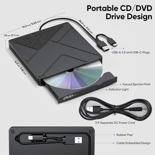 DVD Burner for Laptop, External USB 3.0 & USB C CD/DVD Drive Player Reader | with Power Supply for HP Lenovo Laptop MacBook Pro/Air/Neo mini PC, Win7/8/9/10 macOS Linux