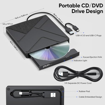 DVD Burner for Laptop, External USB 3.0 & USB C CD/DVD Drive Player Reader | with Power Supply for HP Lenovo Laptop MacBook Pro/Air/Neo mini PC, Win7/8/9/10 macOS Linux