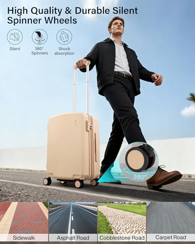 Hanke 20 Inch Expandable Carry On Luggage, Hard Shell with Side Hook | PC Hard Shell, Overhead Bin, Expandable Up to 15%, 8 Spinner Wheels, TSA Lock, Lightweight, Weekend Getaway - color: Cuba Sand, size: 20 Inch EXT