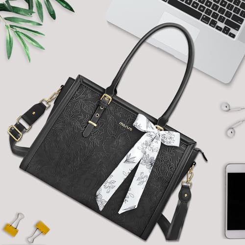 MOSISO Laptop Bag for Women, 17-17.3 inch PU Leather Tote Bag | Compatible with MacBook, HP,Dell, Front Embossed Retro Hibiscus Computer Bags with Silk Scarf&Clutch Purse, Black - color: Black, size: 17.3 inch