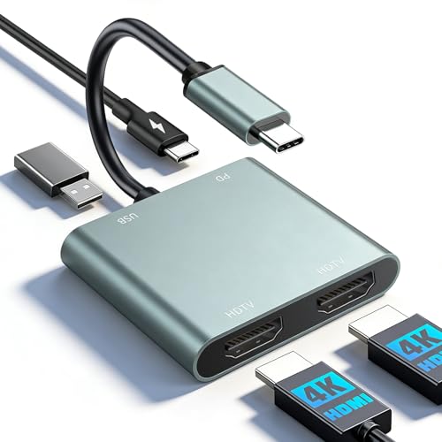 USB C to Dual HDMI Adapter - 4K@30Hz Dual Monitor HDMI Adapter | USB to HDMI Adapter with 100W PD Charging, USB3.0 5Gbps & Thunderbolt 3 Compatible for Laptop/Tablet