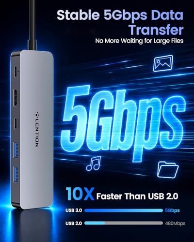 LENTION 6 in 1 USB C Hub, Ethernet, 4K@60Hz HDMI, 100W PD, USB 3.0 Adapter | Stable Driver Dock for Students & Office Staff, Fits MacBook Pro/Air, Surface, Chromebook for School, Office & Travel (C26b)