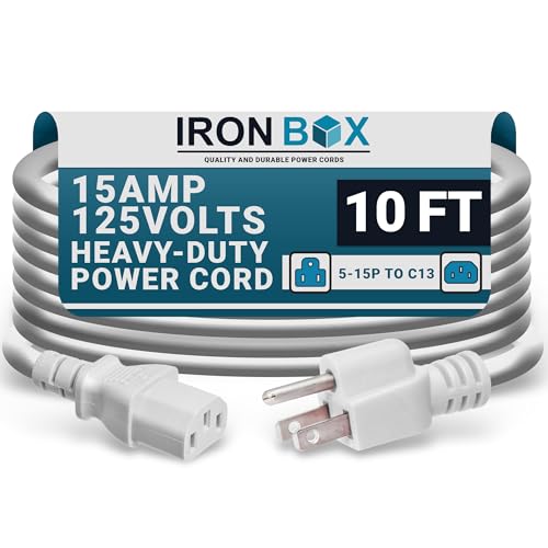 IronBox Electric - Heavy-Duty 5-15P to C13 Power Cord - 3 Prong 15A 125V 14/3 SJT PC Cable - Cord for Computer, Monitor, Subwoofer, Amplifier - Cable for Power Supply - (White 10 Foot) - color: White, size: 10 ft