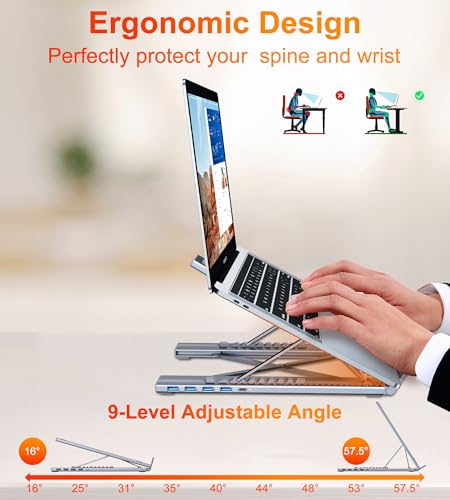 5-in-1 USB C Hub Adjustable Aluminum Laptop Stand | 4-Port USB A 3.0 with 5Gbps Data Transfer USB C Hub Docking Station [Charging Not Supported] for Mac Pro/Air/Dell/HP/Lenovo - style: M61 5 in 1