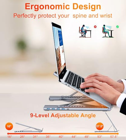 5-in-1 USB C Hub Adjustable Aluminum Laptop Stand | 4-Port USB A 3.0 with 5Gbps Data Transfer USB C Hub Docking Station [Charging Not Supported] for Mac Pro/Air/Dell/HP/Lenovo - style: M61 5 in 1