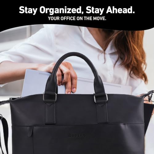 Laptop Bag Vegan Leather Messenger Shoulder Bag - 15.6" Laptop Briefcase with Luggage Strap - Cross Body (Black)