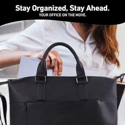 Laptop Bag Vegan Leather Messenger Shoulder Bag - 15.6" Laptop Briefcase with Luggage Strap - Cross Body (Black)